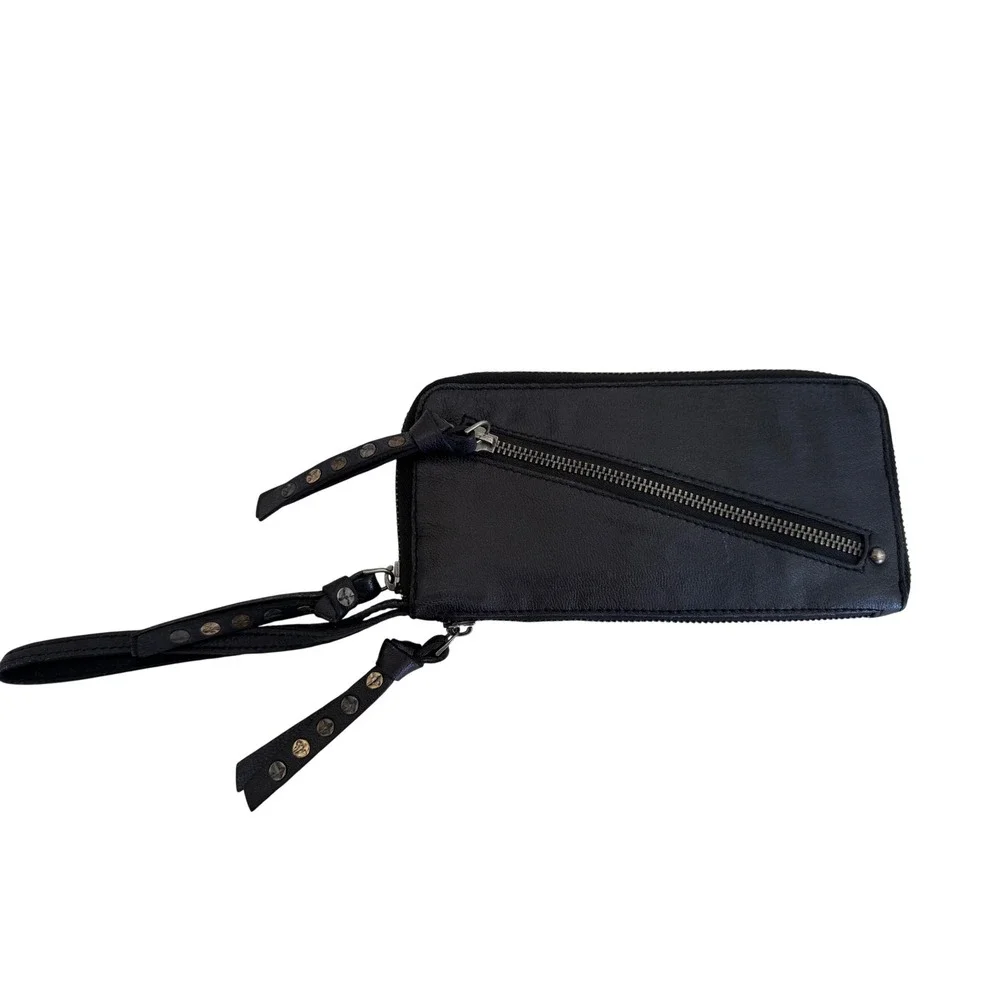 Free People We The Free Black Leather Studded Zip Around Wallet Wristlet moto